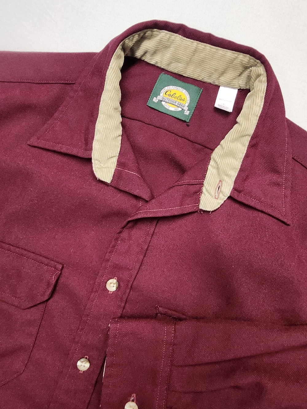 VTG Cabelas Mens L Burgundy Button Up Shirt Corduroy Collar Flannel Chamois USA